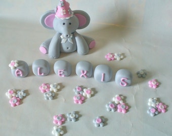 Personalized Baby Elephant Fondant Cake Topper