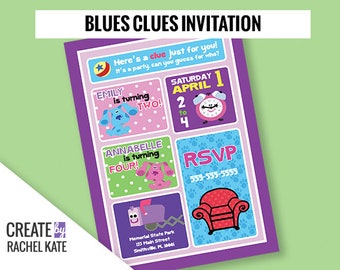 Blues Clues Birthday Party Personalized Printable Invitation Invite DUO Grid 2 Kids Children Twins