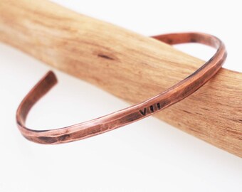 7th Anniversary Gift, Copper Cuff Bracelet, Oxidized Copper, Roman Numeral, VII, Unisex Cuff