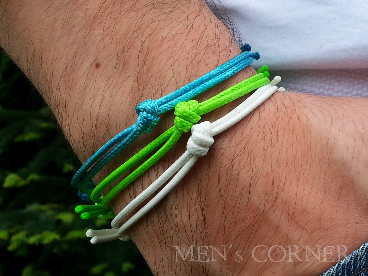 3 pcs Set of Men's Bracelets Blue Green White Waxed Cord