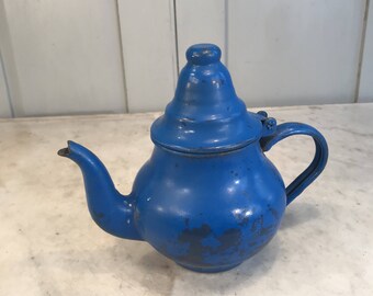 Vintage French blue enamel teapot
