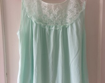 Mint Green Vintage Lace Baby Doll Top - Philmaid Size L Large - 1960s Lingerie Nightgown