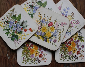 6 vintage Great Britain English Bohemian CLOVER LEAF Leslie Greenwood bouquet decoration protection table glass drinks coasters