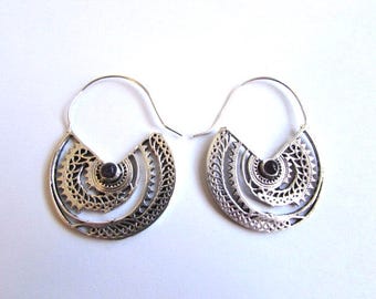 White Brass Amethyst Gemstone Hoop Earrings Tribal Earrings Mandala Jewellery Free UK Delivery Gift Boxed