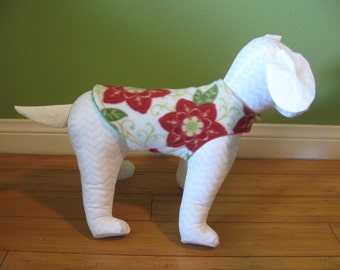 Extra Small Dog Coat, XS Jacket, Red, Green, and Ivory Floral Print Fleece with Green Fleece Lining