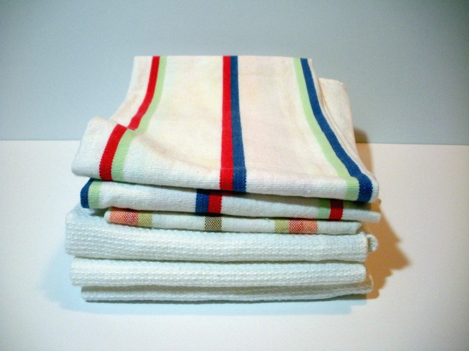 Vintage Kitchen DISH TOWELS Linens Cotton Stripes 6 Tea