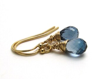London blue topaz earrings, December birthstone jewelry, Gold filled blue topaz jewelry, Delicate earrings, Dark blue gemstone jewelry