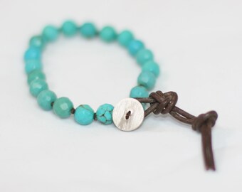 Turquoise Leather and Sterling Silver Knotted Boho Bracelet