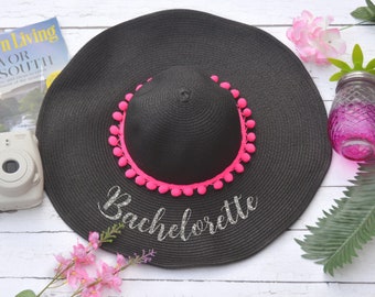 Bachelorette Sun Hat with Pom Poms, Floppy Beach Hat, Bride Hat, Honeymoon Hat, Bachelorette Party Gift