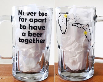 Long distance friendship beer mug never to far apart to have a beer together gift for best friend