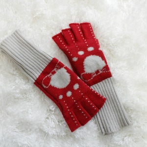 Vintage Gloves, Fingerless Gloves, Red Gloves, Vintage Red Gloves, Red & Gray Gloves, Bow Print Gloves, Polka Dot Gloves, Extra Long Gloves