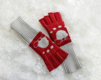 Vintage Gloves, Fingerless Gloves, Red Gloves, Vintage Red Gloves, Red & Gray Gloves, Bow Print Gloves, Polka Dot Gloves, Extra Long Gloves