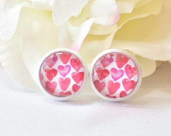 Red Heart Earrings,Heart Stud Earrings,Heart Earrings,Love Stud Earrings,Love Jewelry,Red Pink Earring,Glass Dome Cabochon Stud,Gift for Her