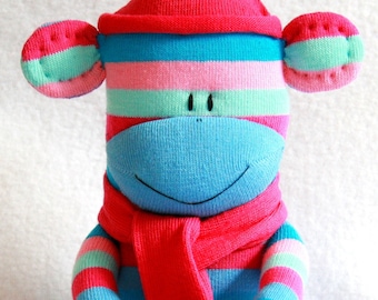 Sock Monkey Doll Pink and Blue Stripes, Sock Toy Baby, stuffed animal