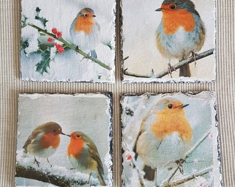 Robin, Squirrel, Raccoon Slate Coasters, Decoupaged