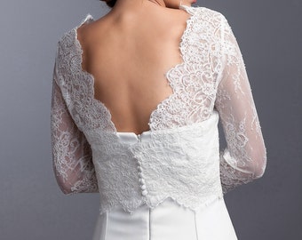 Long sleeve bridal topper, Wedding lace topper, Bridal lace jacket with V back, Bridal jacket, Bridal bolero