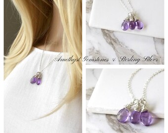 Triple Amethyst Gemstones and Sterling Silver Necklace. Wedding, Amethyst, Gemstone Jewelry