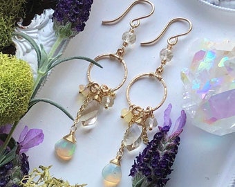 Opal and Oregon Sunstone Earrings - 14KT GF Frames with Opulent Gemstone Clusters