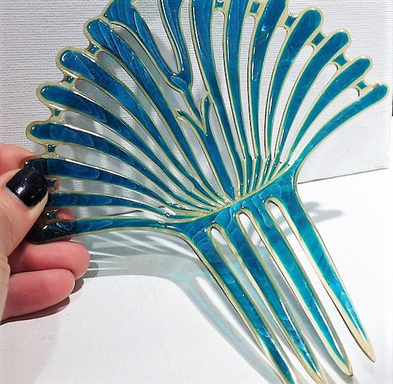 Large Antique Hair Comb / Blue Moire' / Celluloid Comb / Wedding Hair Accessory
