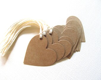 10 Kraft Heart Gift Tags, Price Tags, Party Favor Tags, Prestrung, Rustic, Weddings, Showers, Valentine's Day