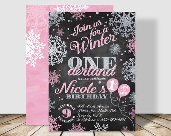 Winter Onederland Silver Glitter Snowflake Birthday Party Printable PDF invitation - 5x7 double sided - First Birthday Chalkboard Invitation