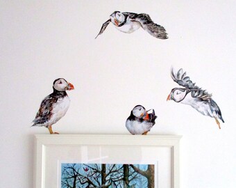 Puffin wall stickers, bird decals, puffins, puffin wall decals, bathroom decor, beach house decor, beach home decor, dorm room wall art