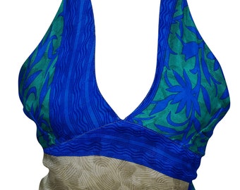 Blue Printed Sexy Stylish Crop Top Recycled Silk Halter Tops Blouse One Size