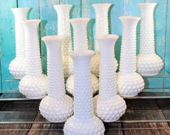 10 Hobnail Milk Glass Vases, EO Brody, Centerpiece, Bud Vases, Decor, Collection, lot, wedding, shower, shabby chic, mid century, vintage