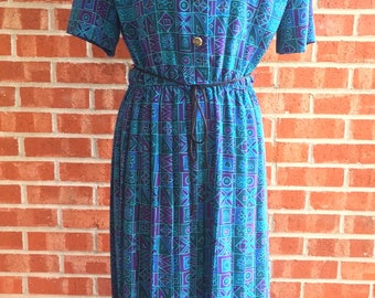 Vintage 80s Leslie Fay teal, blue, and purple pattern dress. Size 10