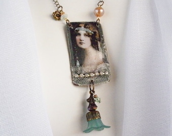 GABRIELLA Vintage Collage Upcycled Necklace, Repurposed Necklace, Collage Necklace, Shabby Chic
