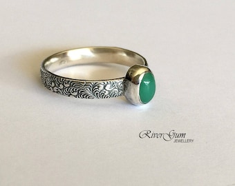 Australian Chrysoprase Ring, Sterling Silver Stacking Ring, Oxidized Ring, Size 8, Handmade by RiverGum Jewellery