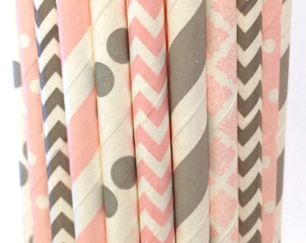 2.85 US Shipping -Pink and Gray Paper Straws - Gray and Pink Straws - Cake Pop Sticks - Drinking Straws