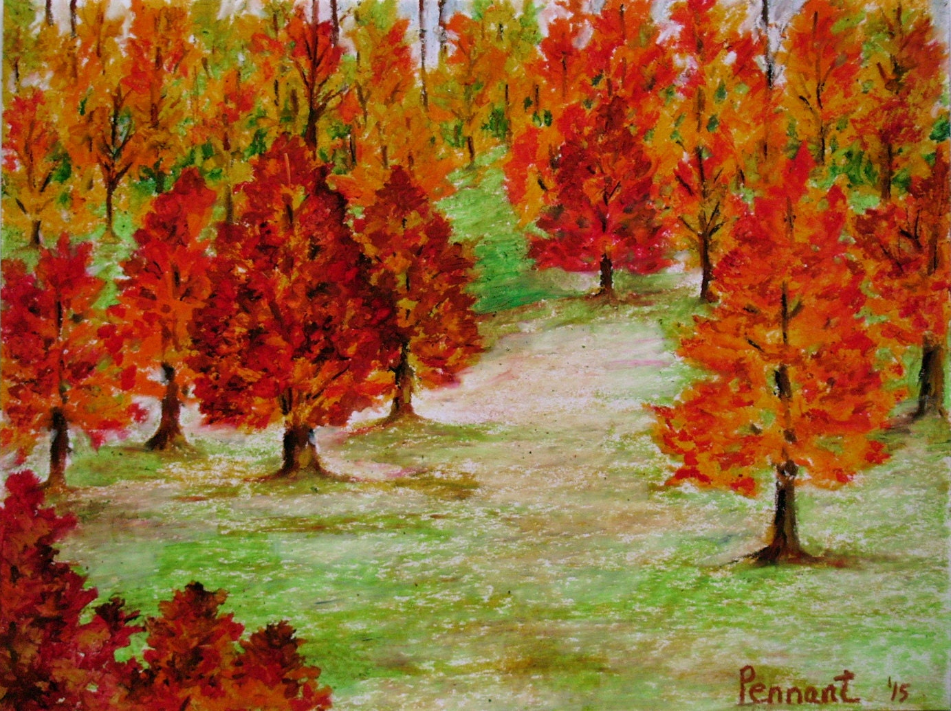 Autumn Landscape Small Drawing Original Oil Pastel Art Wall