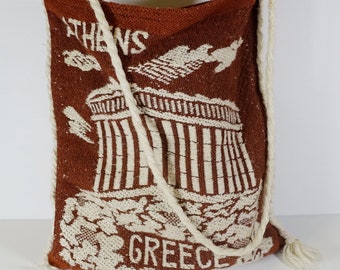 70s Athens Greece Colosseum Parthenon Cinnamon Brown Woven Souvenir Reuseable Tote Shopping Festival Bag Purse