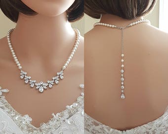 Bridal Necklace Back Bridal Necklace Crystal Pearl Wedding Necklace Wedding Back Drop Necklace for Bride Back Bridal Jewelry, Nicole