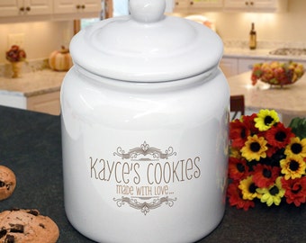 Personalized Cookie Jar : Whimsical Design "Made with Love" for Housewarming, Birthday, or Shower Gift