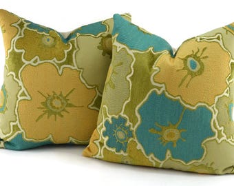 2 Woven & Chenille 16x16 Throw Pillow Covers, Turquoise, Aqua, Gold, Green and Tan Woven and Chenille Flower Pillow Cover
