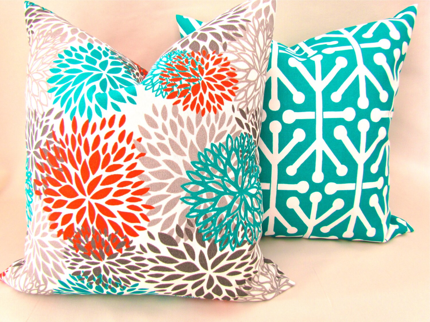 PILLOWS Set of 2 TEAL Orange Throw Pillow Covers 16 18 20x20
