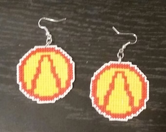 Borderlands Vault logo cross stitch dangle earrings