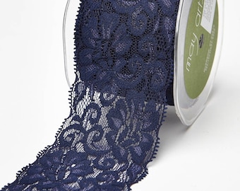 Elastic Lace Ribbon 2 1/2" wide, Navy TEN YARD ROLL, lingerie, Stretch Lace, Wedding Ribbon, hairbands,