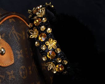 BRENDA Black Yeloow Topaz Fur Ear Muffs, Ear warmer, jeweled earmuffs, rhinestone earmuffs, embellished earmuffs, black earmuffs