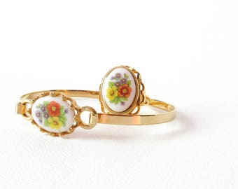 Avon French Flowers Bracelet and Locket Ring Set Vintage Floral Jewelry for Spring