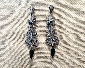 Elegant Marcasite Onyx Earrings ~ Think Downton Abbey ~ NBJ529 ~ Marcasite Earrings ~ Art Deco Earrings ~ Gift Wrapped