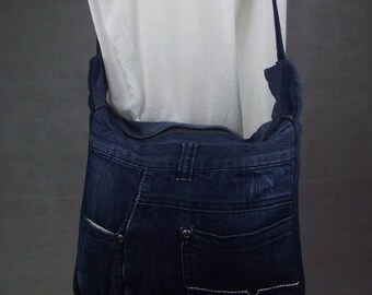 Denim Handbag Purse Shoulder Bag Jean Upcycled Blue Embroidered