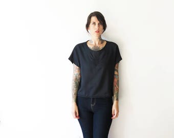 80s vintage revived embroidered chest black crop blouse// small medium