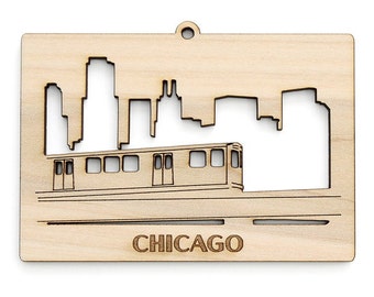 Chicago "L" Train and Skyline Ornament - from Timber Green Woods. Sustainable Harvest Wood. Made in the USA!