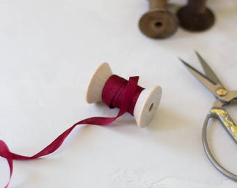 Burgundy Red Hand-Dyed Silk Ribbon (with Wooden Spool) - 5 yards - 1/4" wide