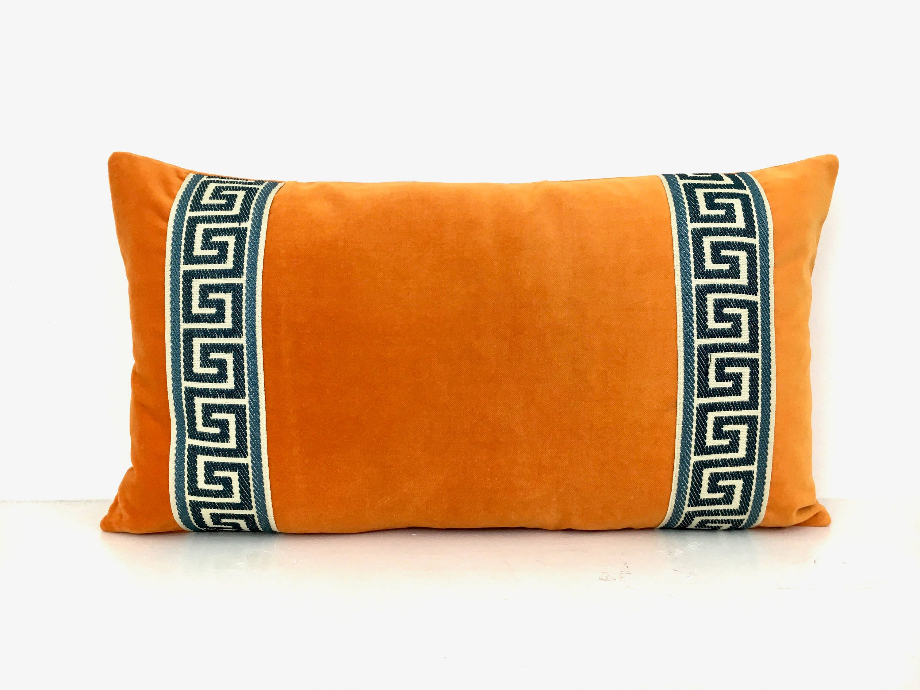 Orange Lumbar Pillow Cover with Greek Key Trim