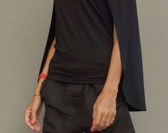NEW Black Viscose Cape Top / Black Loose Blouse/ Tunic Top / Loose slit sleeves / Party top by AAKASHA A12479