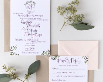 The Meghan - Wine Watercolor Calligraphy Wedding Invitation Suite with Custom Crest